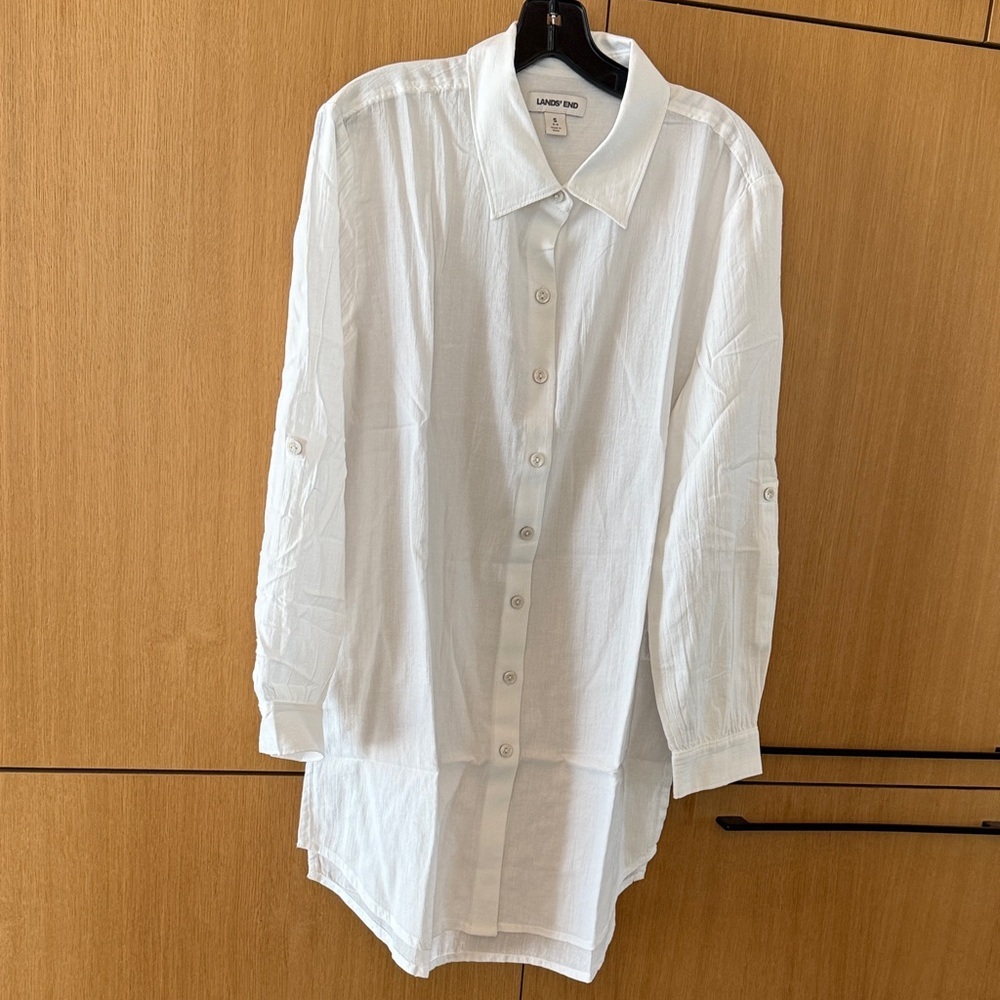 Lands' End White Button Down Longline Shirt Dress / Tunic Oversized Size Small - Picture 2 of 8